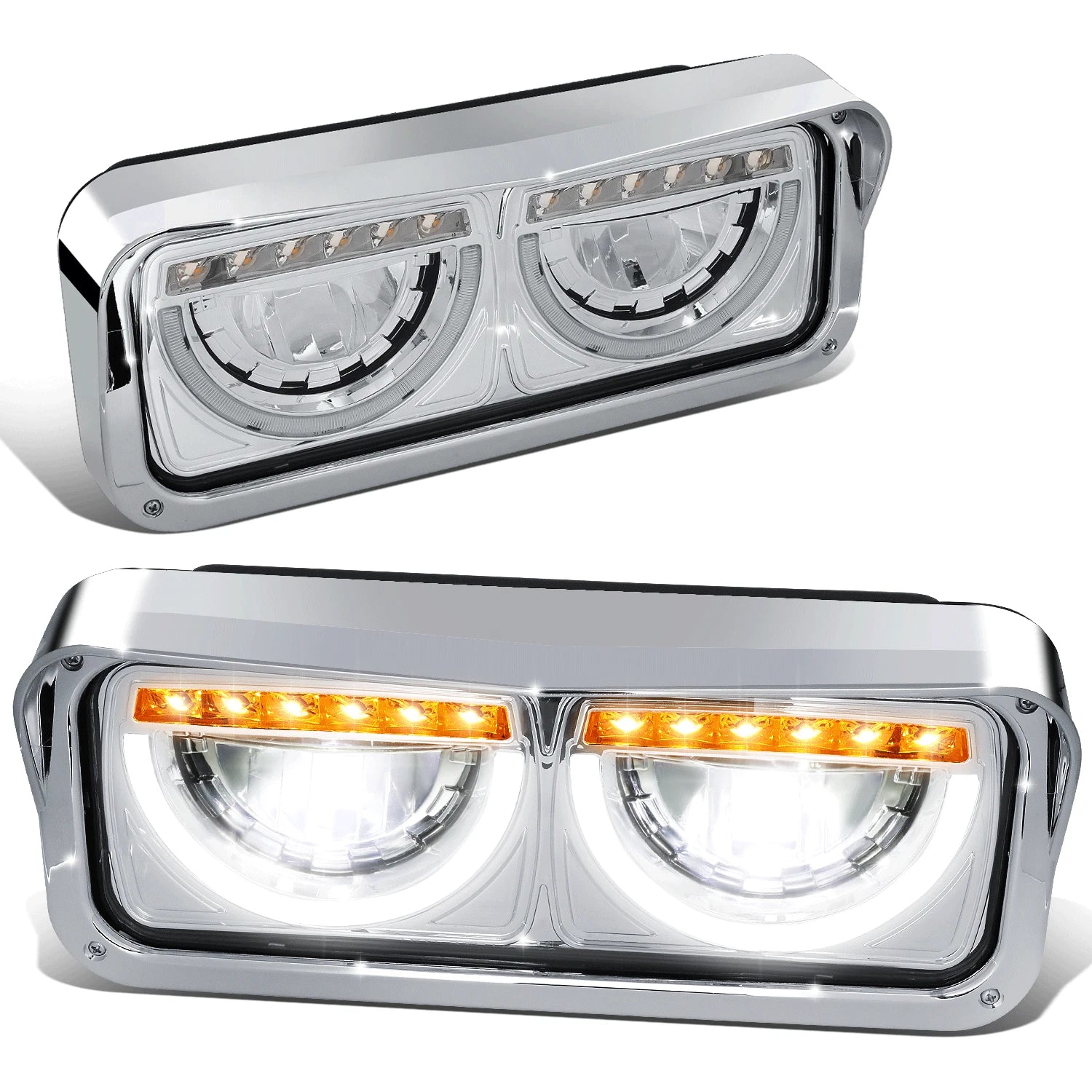 Chrome Full LED Halo Ring DRL Signal Headlights for Freightliner Kenworth (1981–2019)