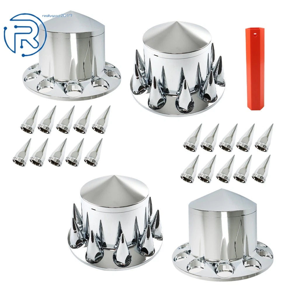 Set of 4 Chrome Semi Truck Hub Cover Wheel Nut Covers 33mm Spiked