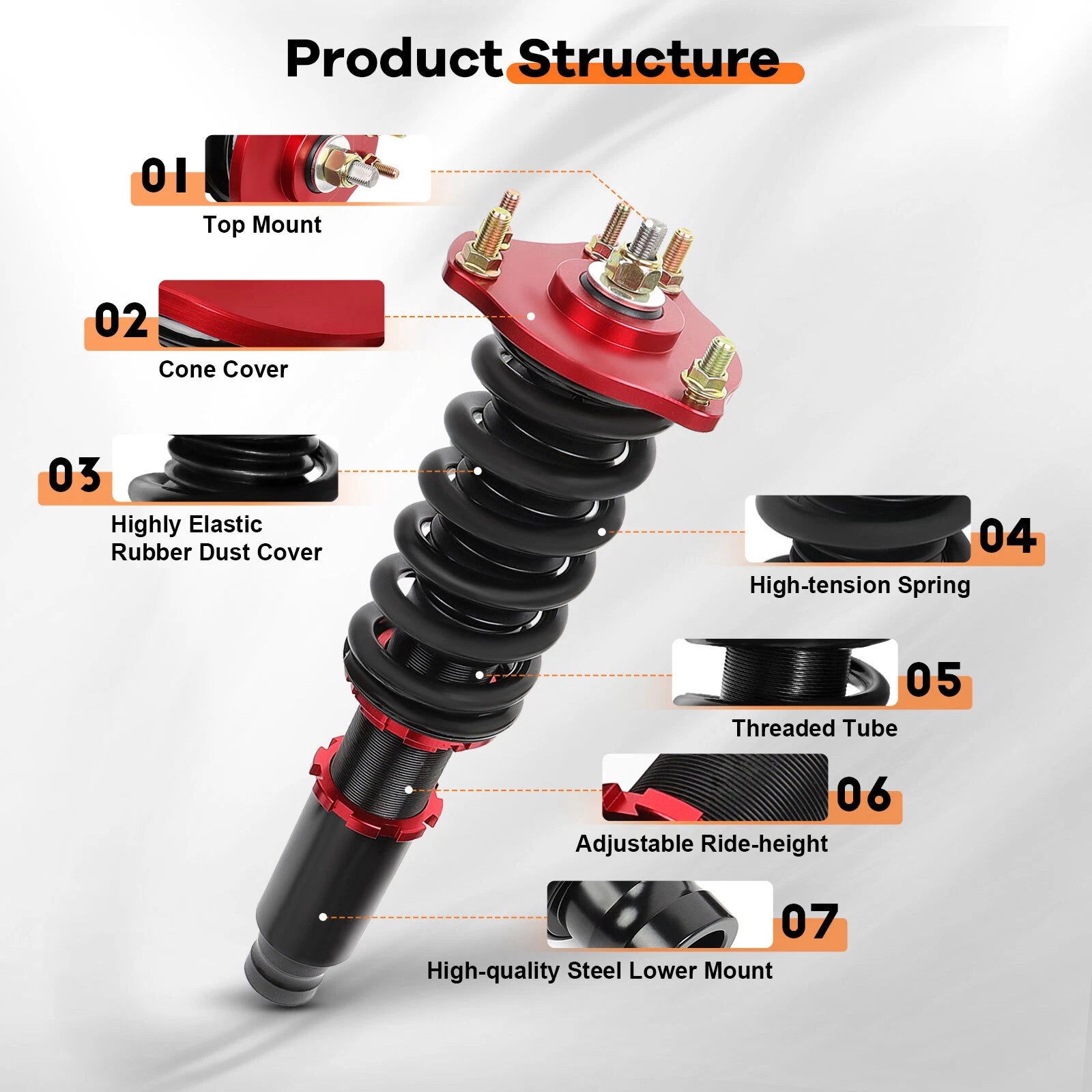 Coilovers for Honda Prelude (1992-2001) Adjustable Height Red Kits