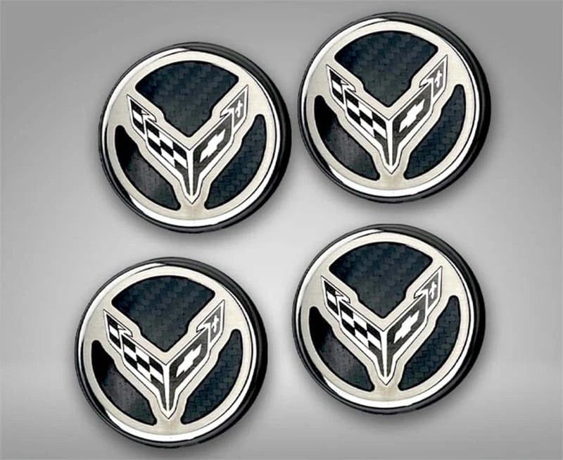 Carbon Fiber Cap Cover Set w Cross Flag for 2020–2022 Chevy Corvette C8