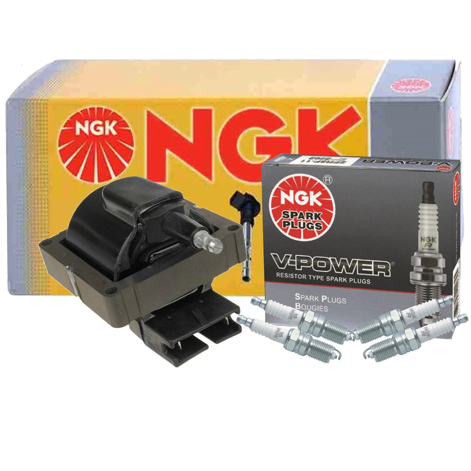 NGK HEI Ignition Coils & 4 V-Power Spark Plugs for Ford Mercury Merkur