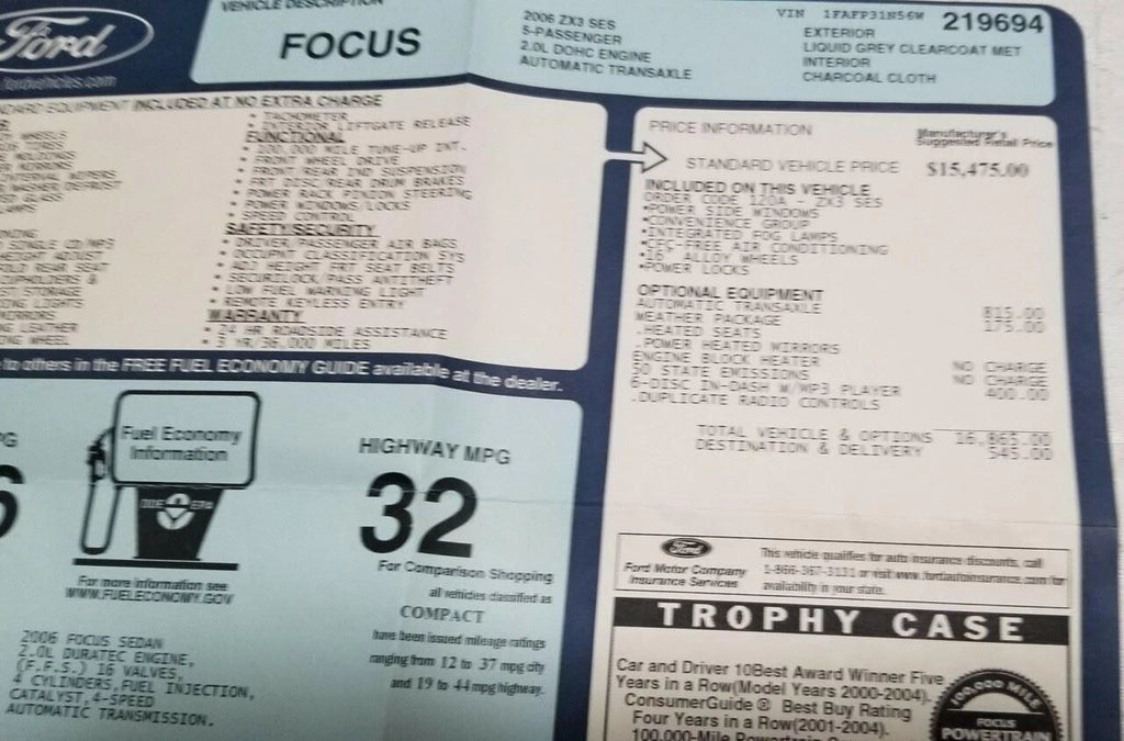 Original Dealer Window Sticker for Ford Focus ZX3 (2006)