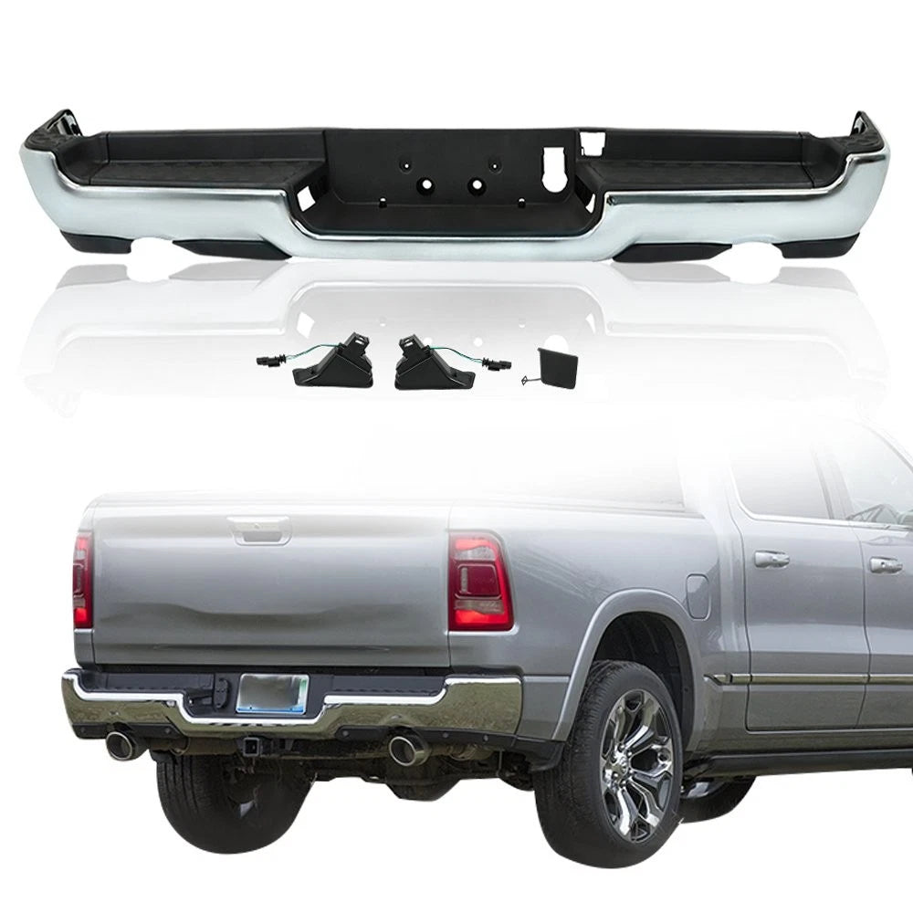 Chrome Steel Rear Bumper Assembly for Ram 1500 (2019–2022) w/ Dual Exhaust