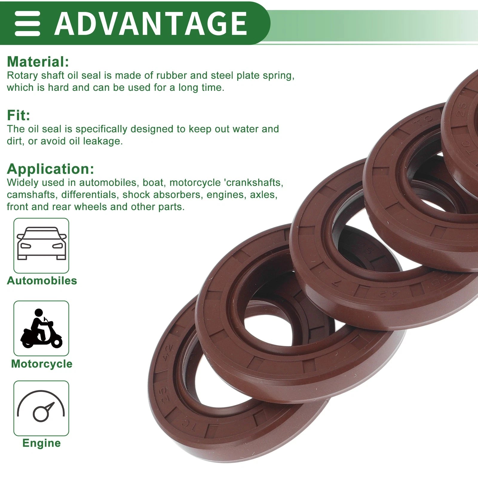 Set of 5 Oil Seal Ring 25x42x7mm FKM Rubber for Rotary Shaft