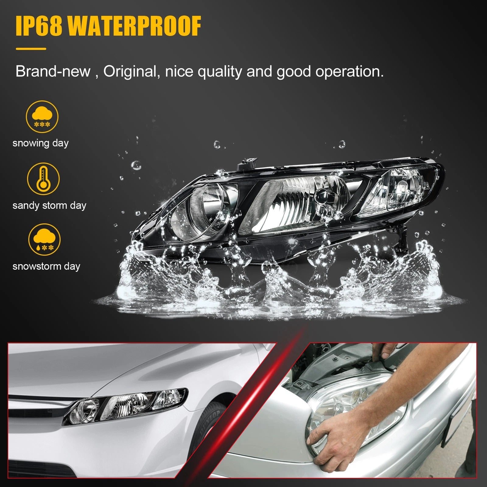 2X Headlight Assembly for Honda Civic Sedan (2006–2011) Black Housing