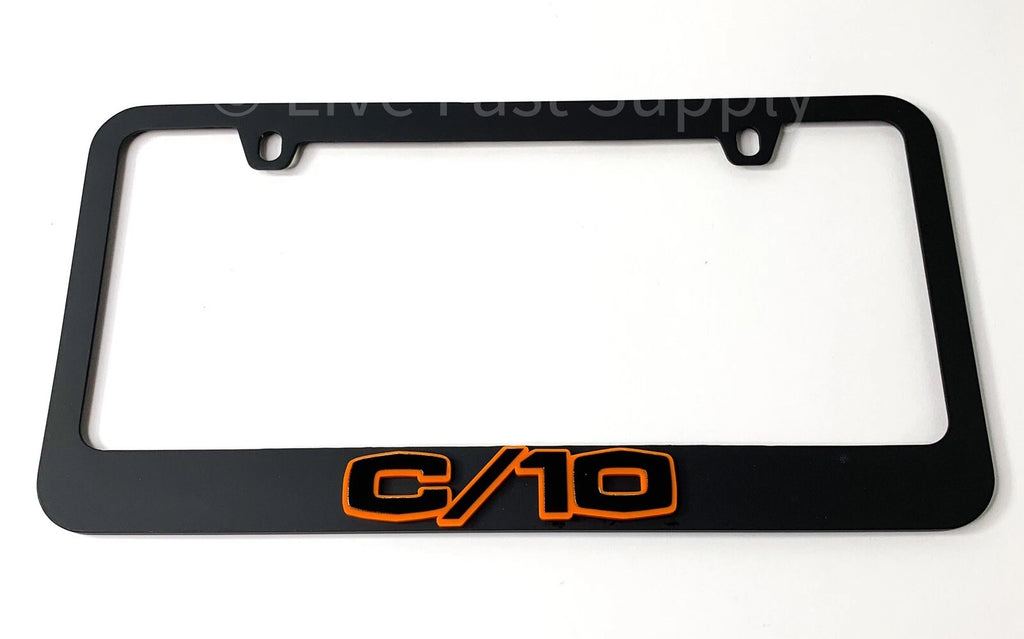 Matte Black License Plate Frame w Orange Outline Script for Chevy C10 (1960–1972)