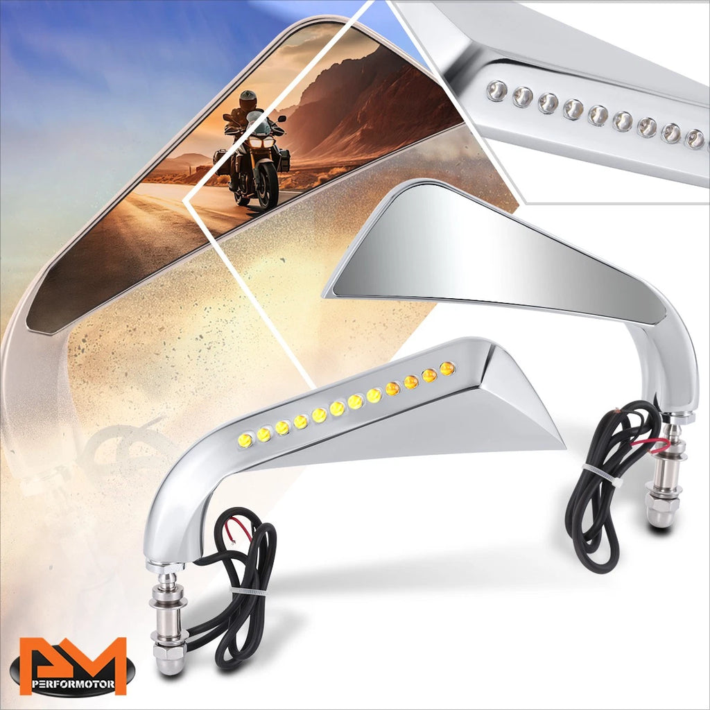 Universal Axe Side Mirrors with LED Turn Signal Light Chrome for Naked Bike Cruiser
