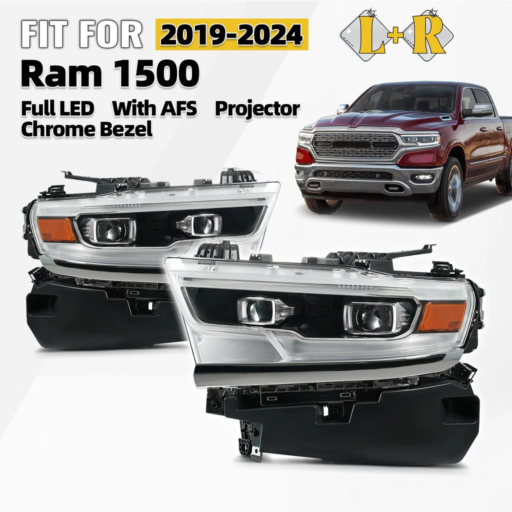 Set of 2 Full LED Projector Headlights for Ram 1500 (2019–2024) AFS Chrome