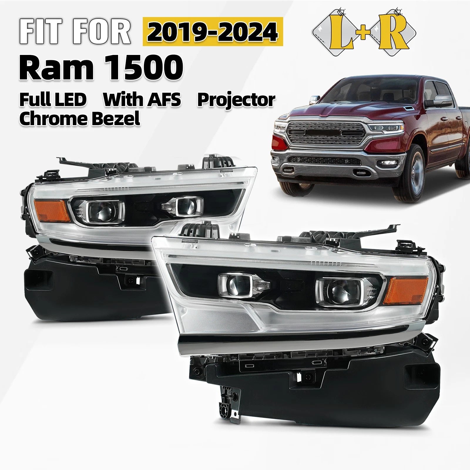 Set of 2 Full LED Projector Headlights for Ram 1500 (2019–2024) AFS Chrome