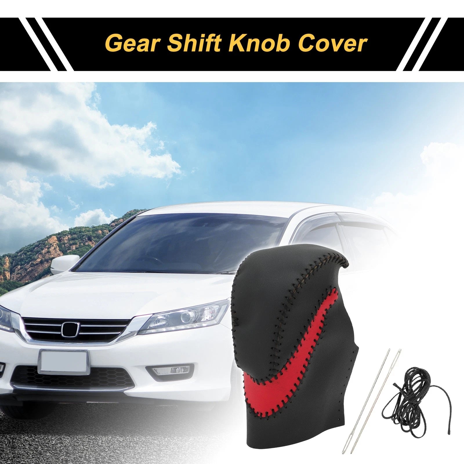 1 Pc Gear Shift Knob Cover for Honda Accord (2013–2017) Black Red Faux Leather