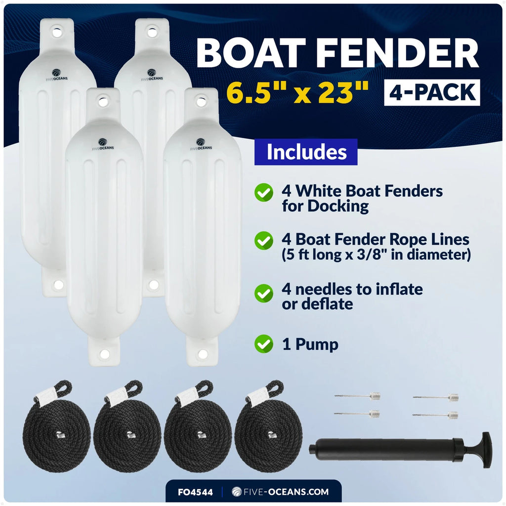 Set of 4 Boat Dock Fenders 6.5x23 White Ribbed Marine Bumpers