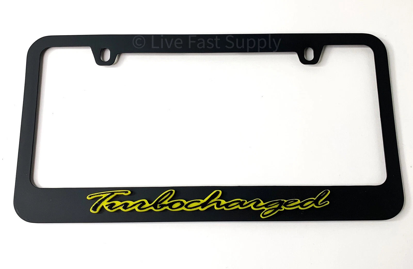 Matte Black Premium License Plate Frame w Yellow Outline for Universal Fit