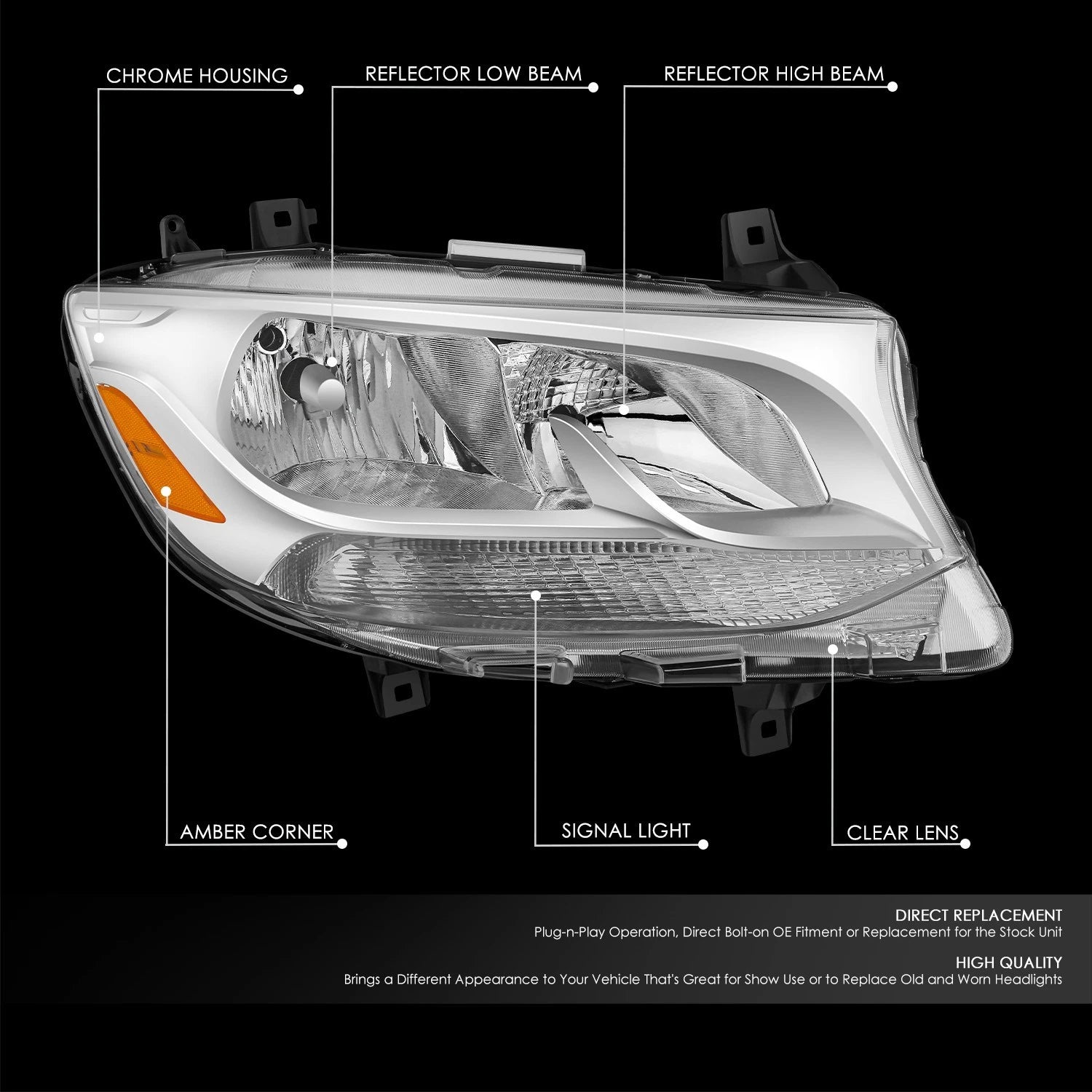 Chrome Amber Headlight for Mercedes Benz Sprinter 1500 (2019–2024)