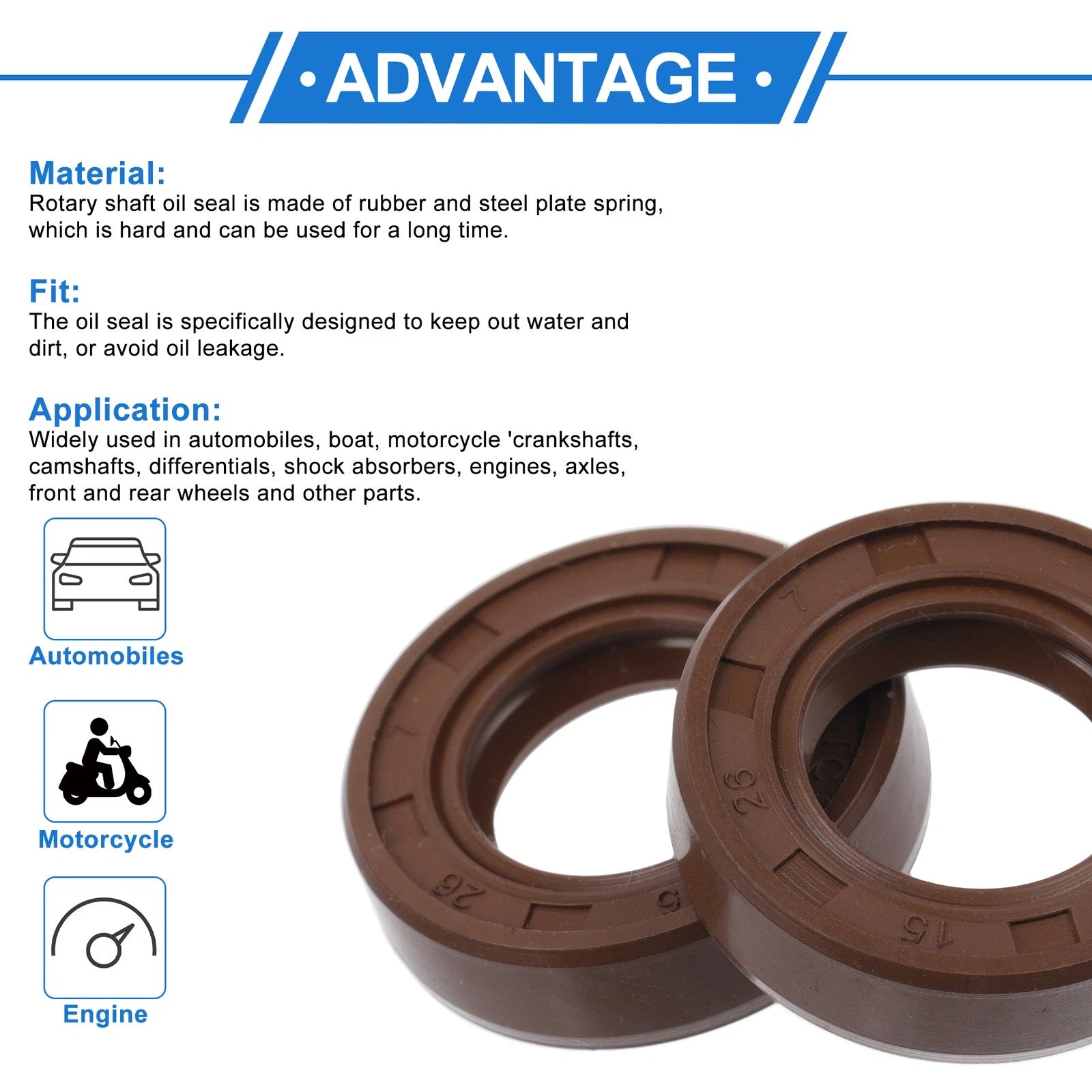 Set of 2 Oil Seal Rotary Shaft Seal FKM Rubber 15x26x7mm