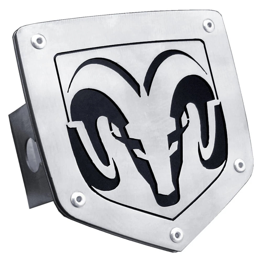 Brushed Stainless Steel Trailer Hitch Plug - Officially Licensed for Dodge RAM