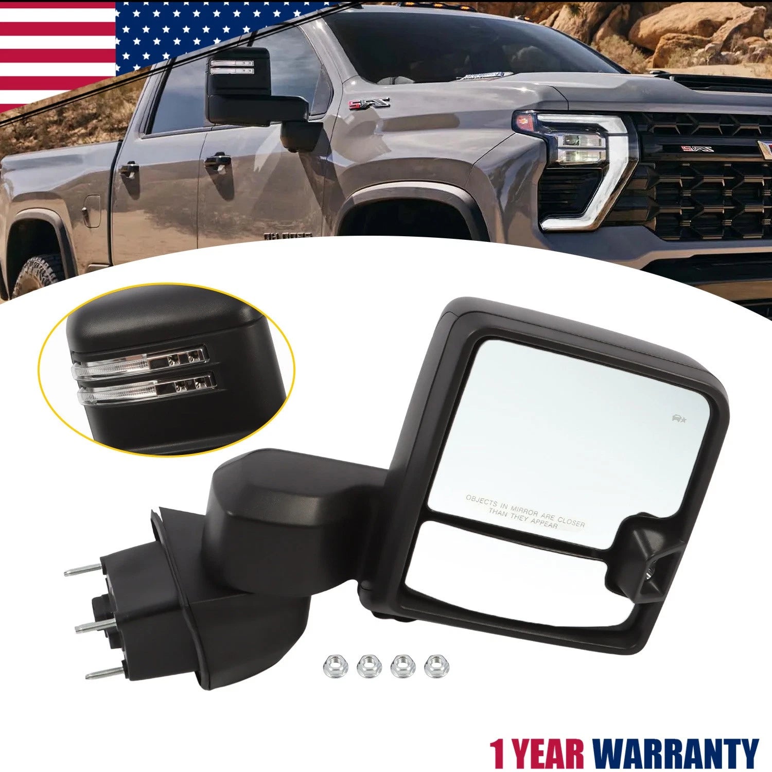 Right Side Black Tow Mirror for Chevy Silverado GMC Sierra (2019–2024)