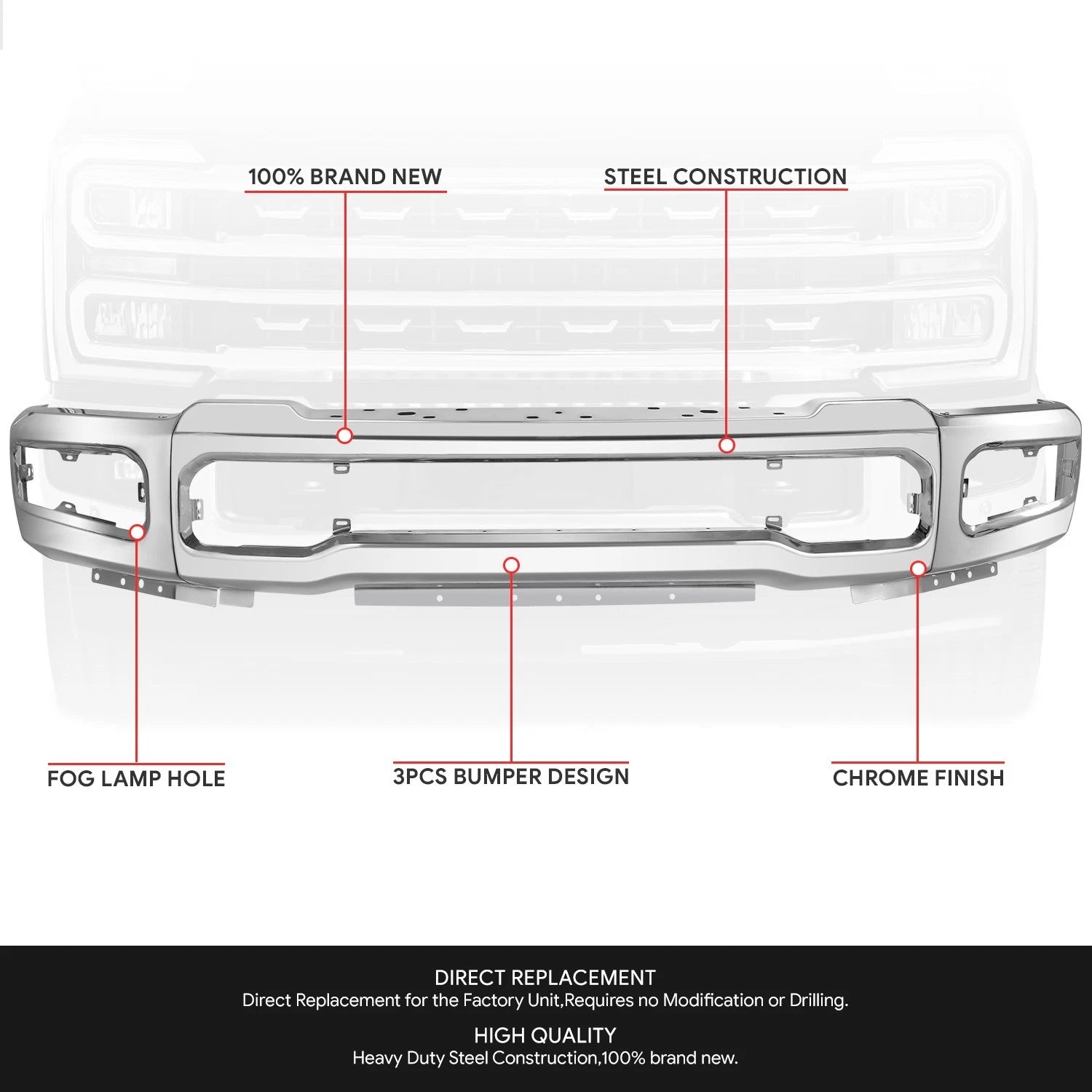 Chrome Front Bumper Face Bar w/ Fog Light Holes for Ford F-250 F-350 (2023–2026)
