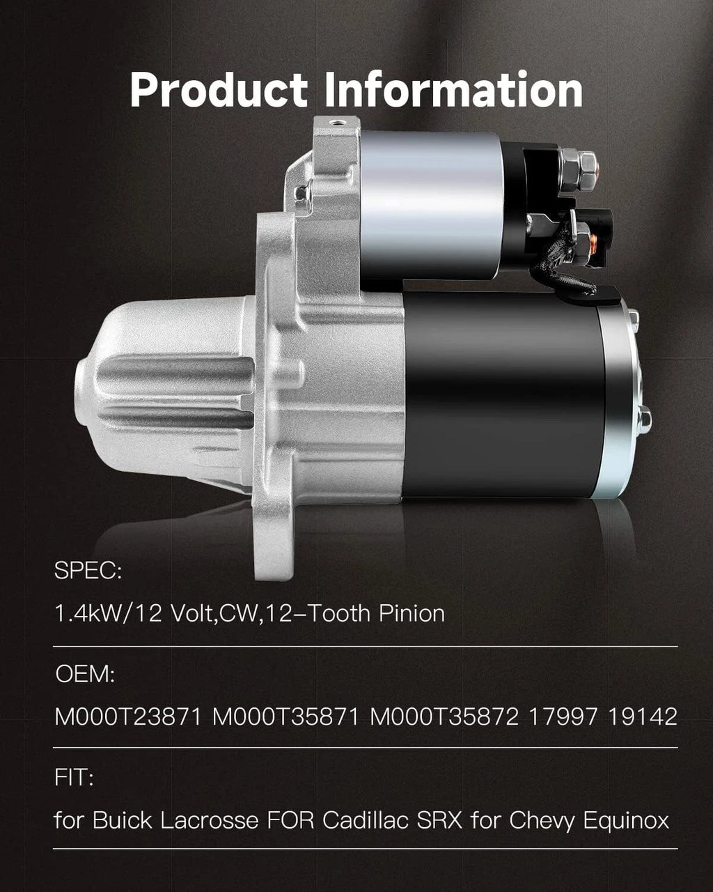 Starter Motor for Chevrolet Traverse, Acadia, LaCrosse, Enclave, SRX, Equinox, Terrain (2009–2017)