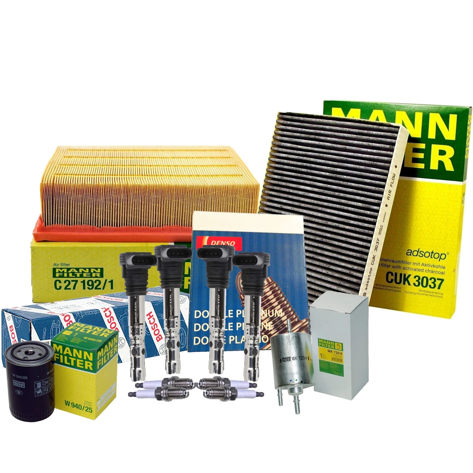 Set of 4 Spark Plugs & Coils for Audi (Denso, Mann, Bosch)