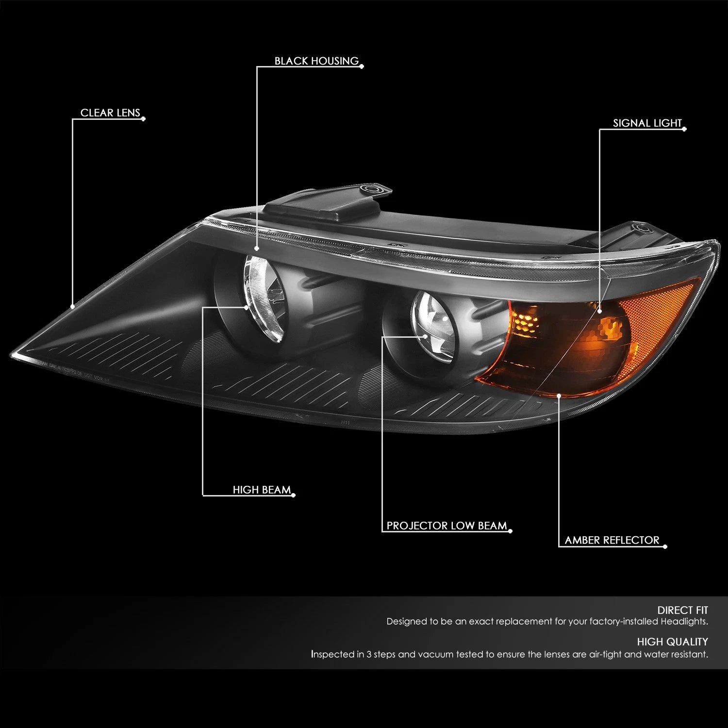 Set of 2 Projector Headlights for Kia Sorento (2011–2013) - Black Housing