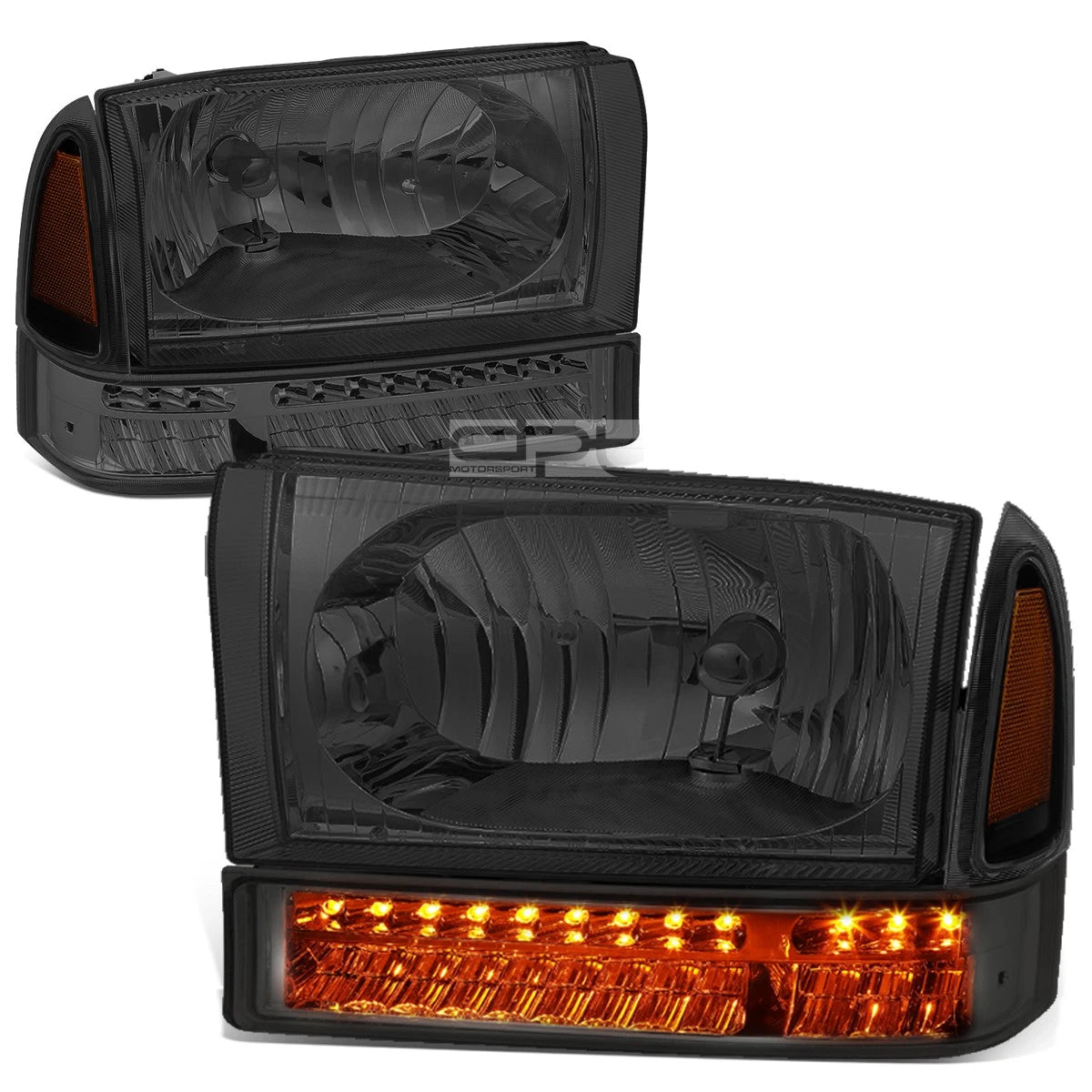 Pair of Smoked/Amber Headlight + LED Turn Signal Lamps for Ford Super Duty (1999–2004)