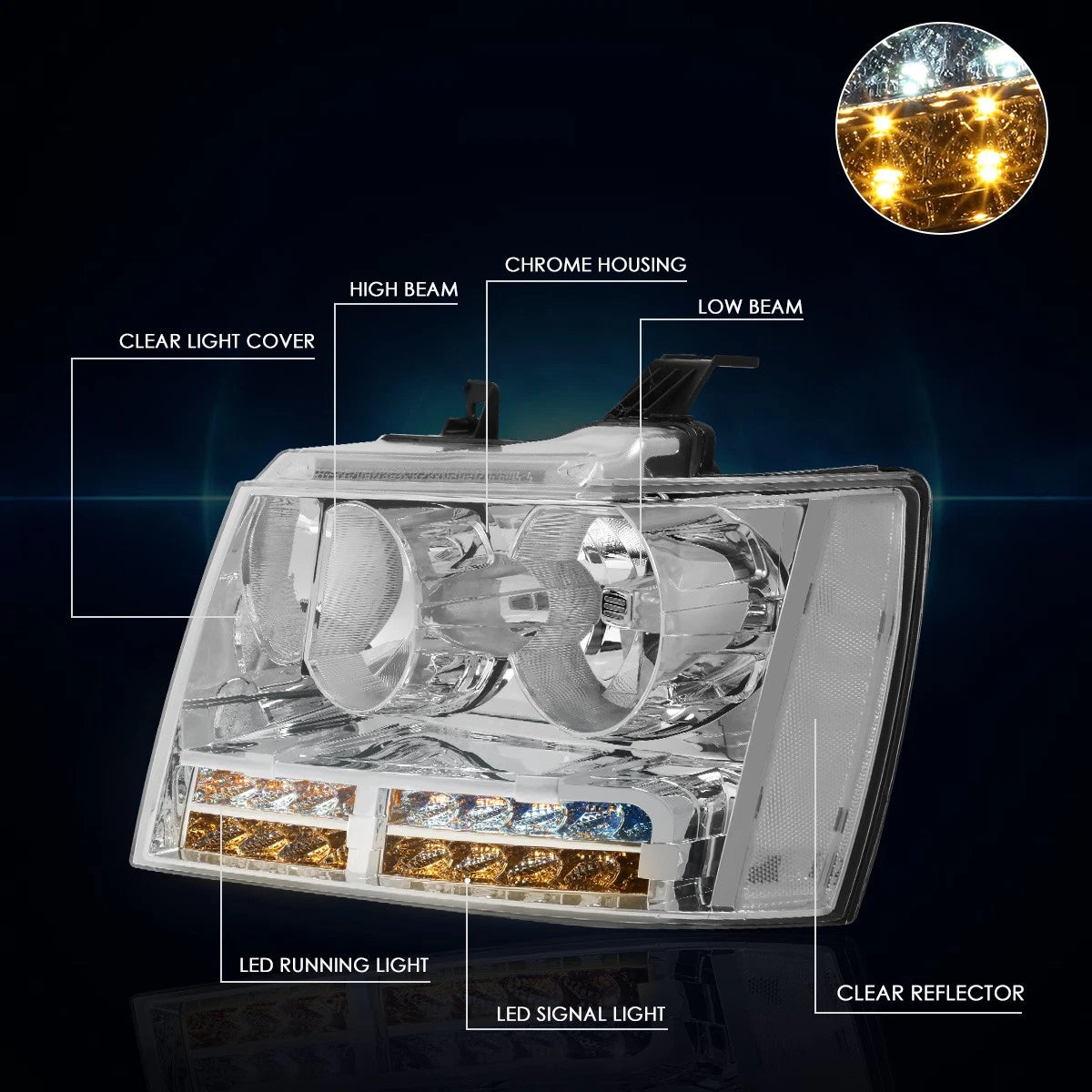 LED DRL + Turn Signal Headlight for Tahoe/Suburban (2007–2014) - Clear Corner Chrome