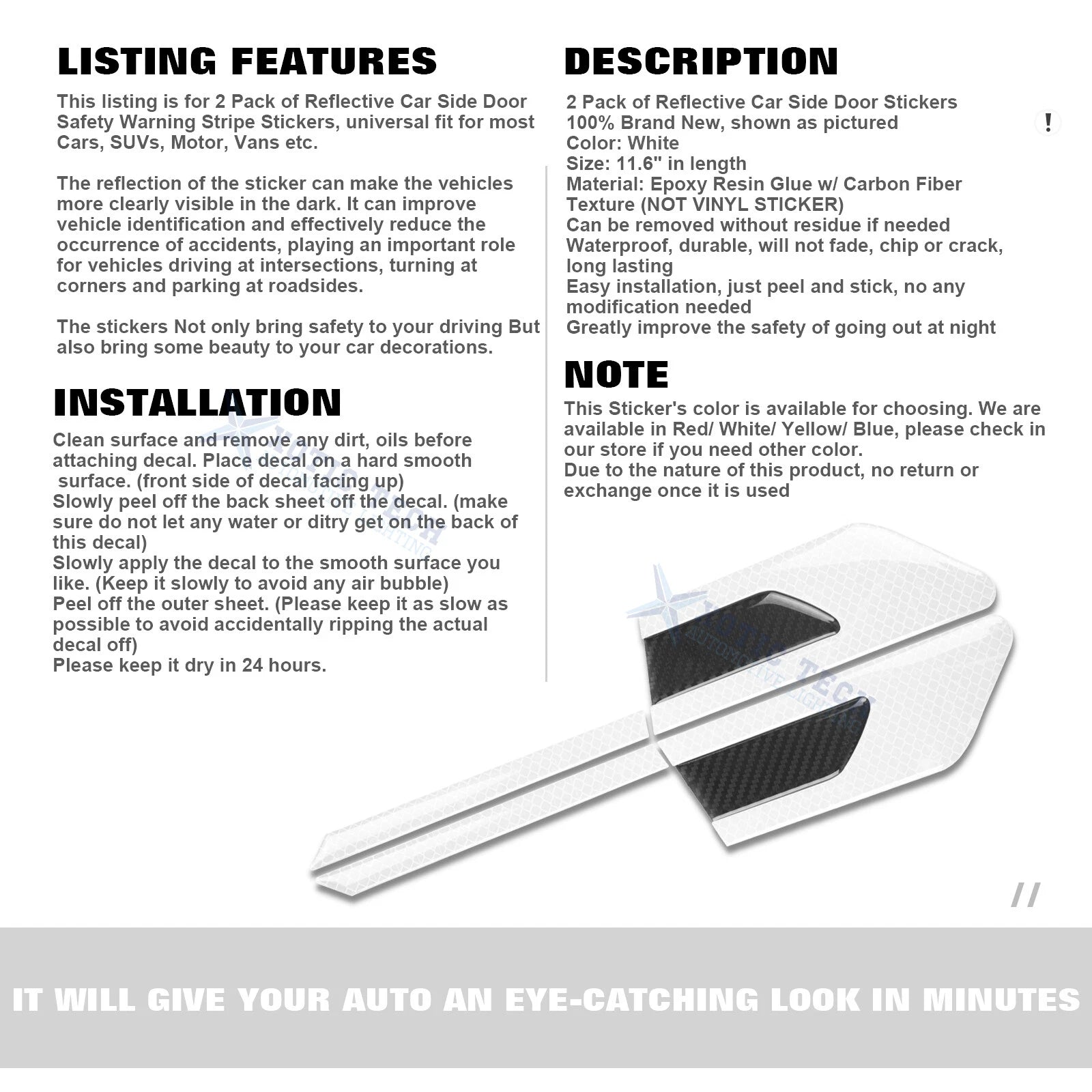 Reflective White Carbon Fiber Style Side Door Guard Decals Universal (2)