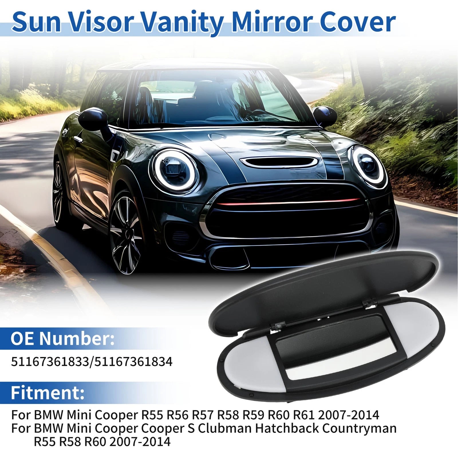 Sun Visor Vanity Mirror Cover for BMW Mini Cooper R55 R56 (2007–2013) No.51167361833 Black