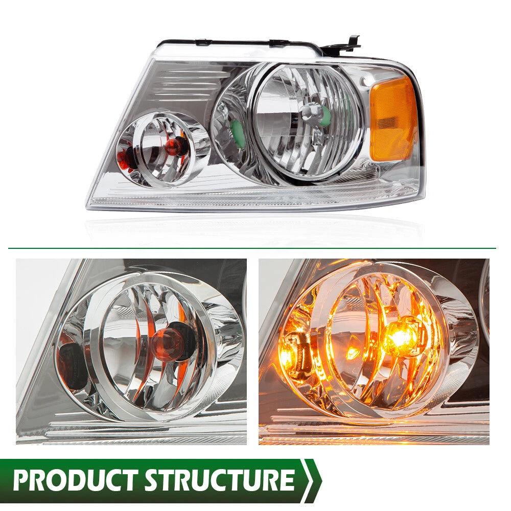Headlight Assembly for Ford F150 (2004–2008) Chrome Housing Amber Reflector