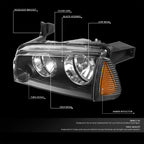 Set of 2 Black/Amber Signal Turn Signal Headlights for Dodge Charger (2006–2010)