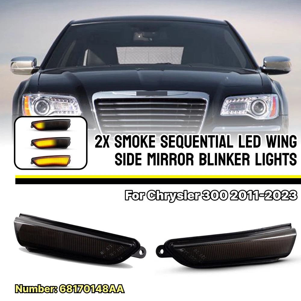 Black LED Wing Side Mirror Blinker Turn Signal Lights for Chrysler 300 (2011–2023)