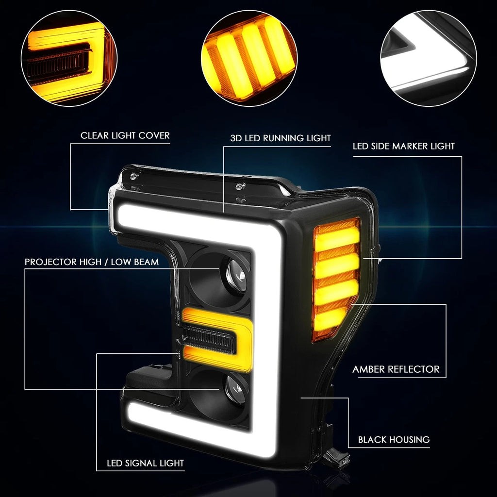 3D LED DRL Dual Projector Headlight for Ford Super Duty (2017–2019)