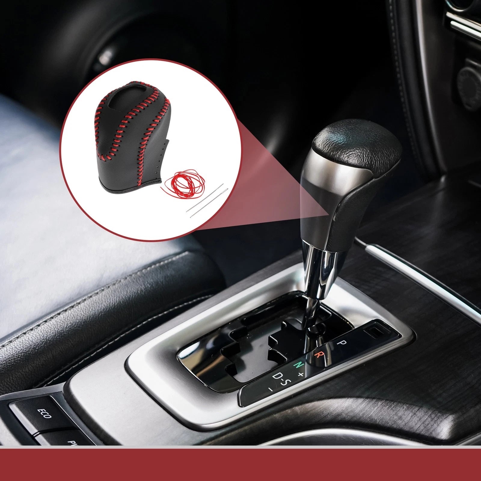 1 Pc Gear Shift Knob Cover for Volkswagen Taos (2022–2023) Black Red Faux Leather
