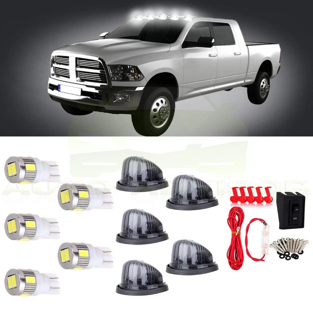 5Pcs Cab Marker Round Light Smoke + Base + T10 Xenon White LED for Chevy