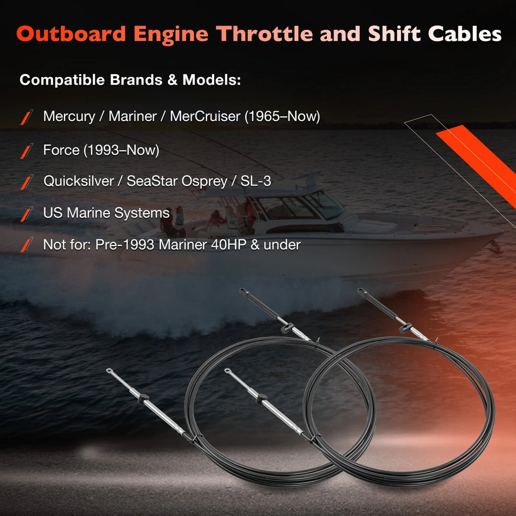 2X 12FT Outboard Throttle Control Cables for Mercury Mariner (Gen I)