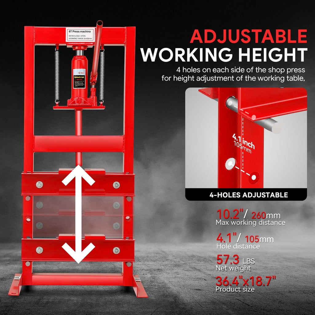Adjustable Steel H-Frame Hydraulic Floor Press for Garage (13200lbs, 6 Ton)