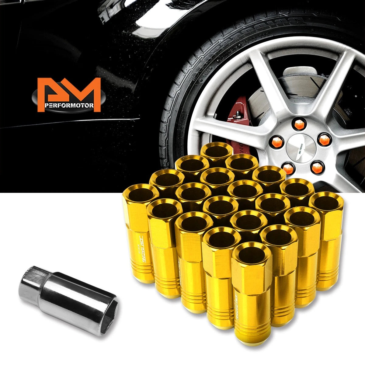 Set of 20 M12X1.25 Gold JDM Open End Conical Hex Wheel Lug Nuts + Extension 20mm x 60mm