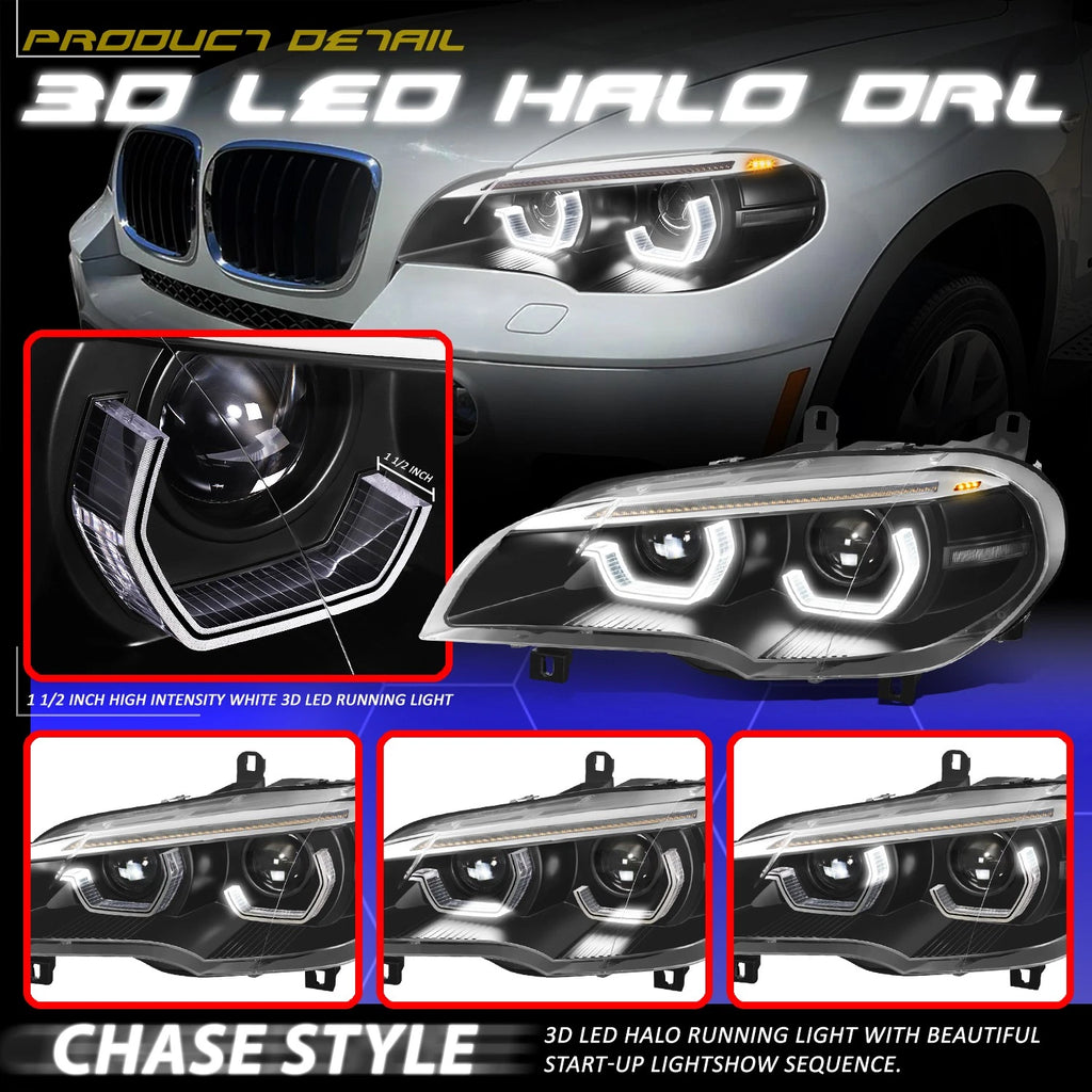 LED Projector Sequential Headlights for BMW X5 (2011–2013) - Black Housing Clear Lens