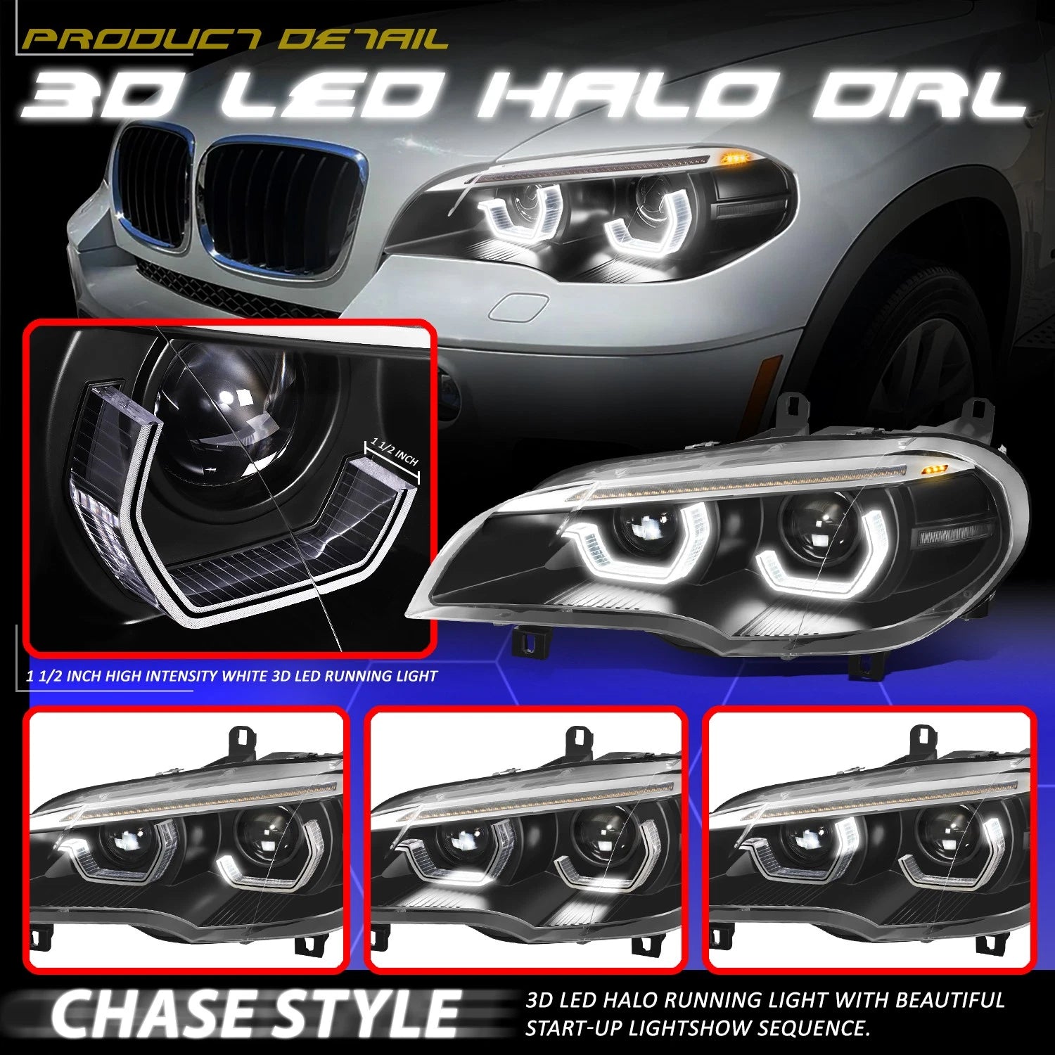LED Projector Sequential Headlights for BMW X5 (2011–2013) - Black Housing Clear Lens