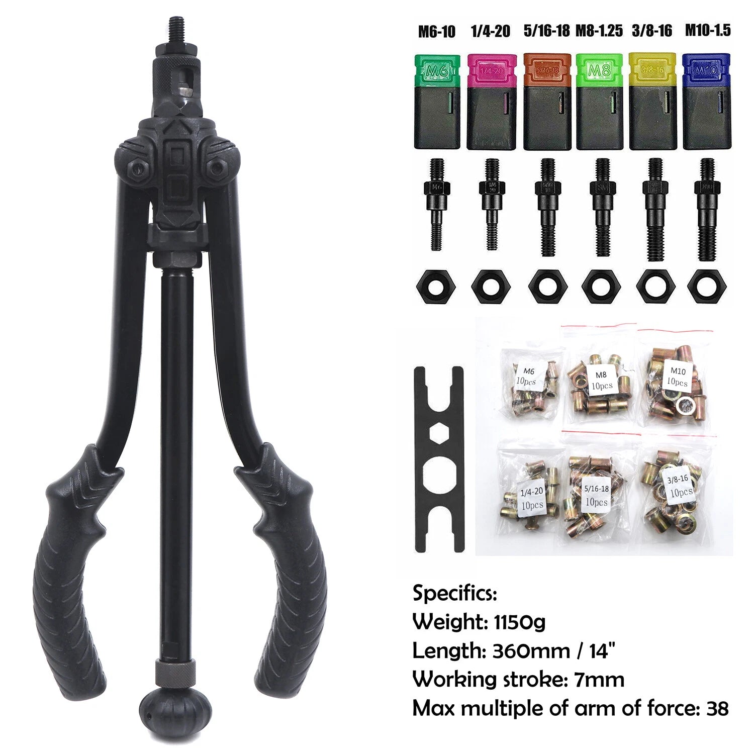 Rivnut Setting Tool Kit for Thrust Type Hand Nut Riveter (360mm, 60pcs)