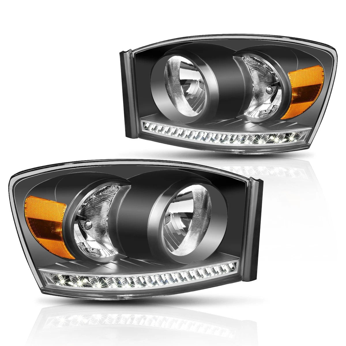 LED DRL Strip Headlight for Dodge Ram Truck (2006–2009) Black Housing Amber