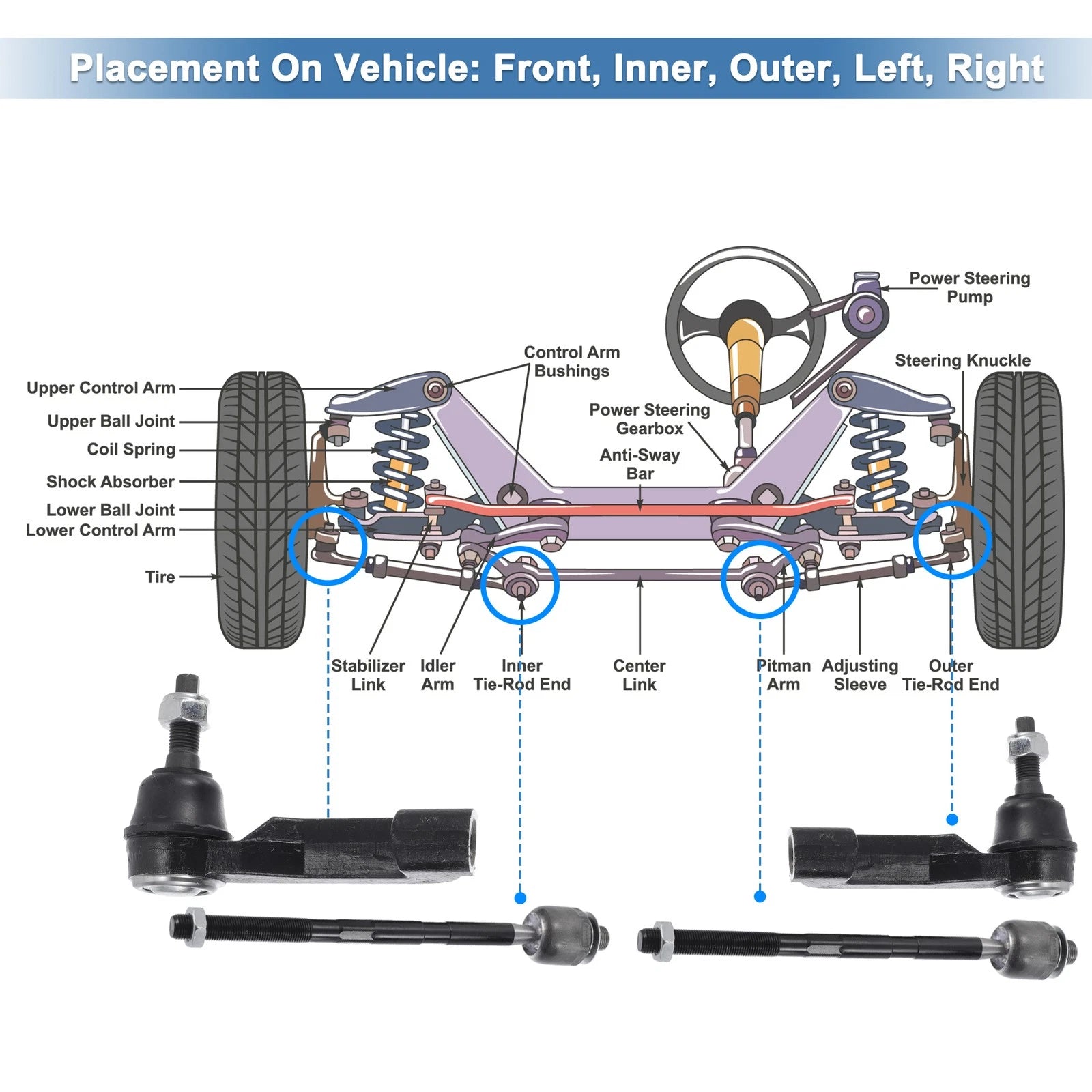 Set of 6 Front Inner Outer Tie Rod End Links for Jeep Dodge (No.EV800416)