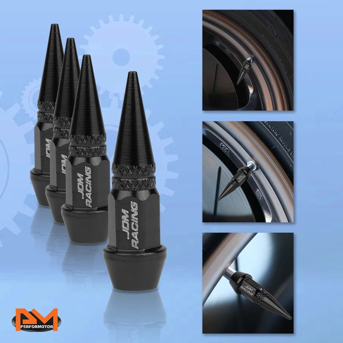 Set of 4 Black Aluminum Spiked Tire Valve Stem Caps for Universal Fit