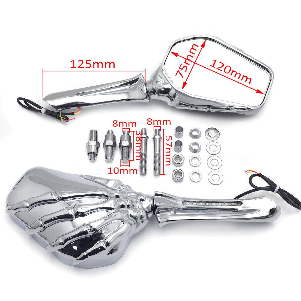 Chrome LED Skull Rearview Mirrors for Honda Suzuki Kawasaki
