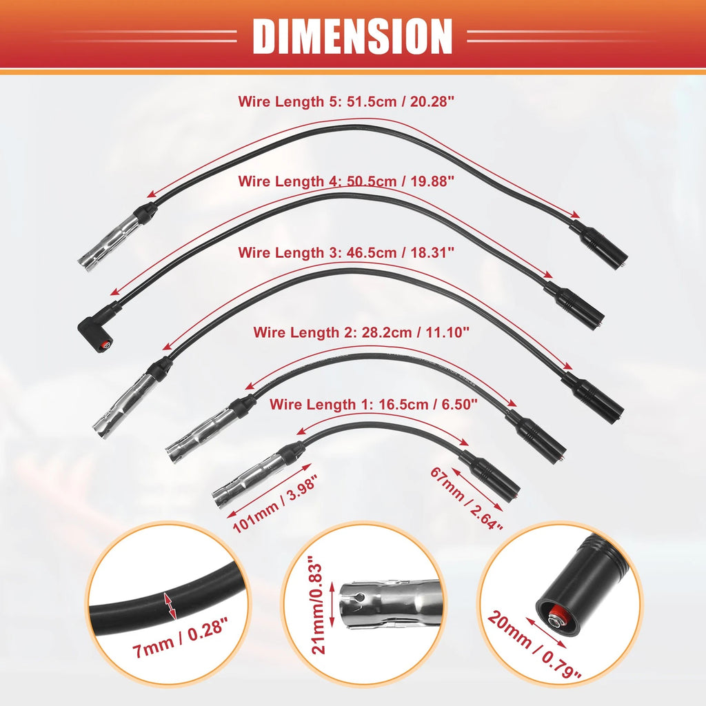 5 Pcs Spark Plug Wire Ignition Coil Cable No.1HM998031 for Volkswagen Jetta (2011–2018)