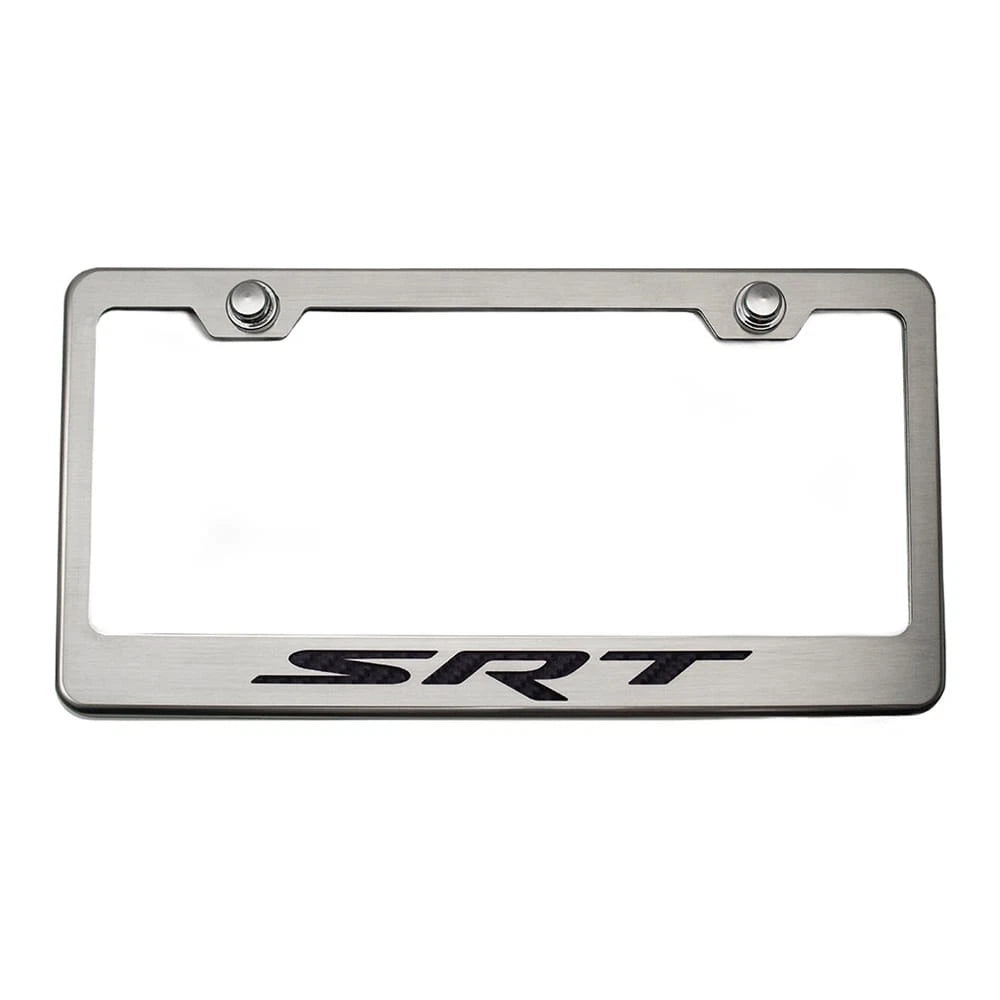 Brushed Stainless Plate Frame w/Yellow "SRT" Inlay for Dodge Challenger/Charger