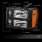 Factory Style Headlight Lamps for GMC Sierra 1500 2500 3500 (2007–2014) Black/Amber