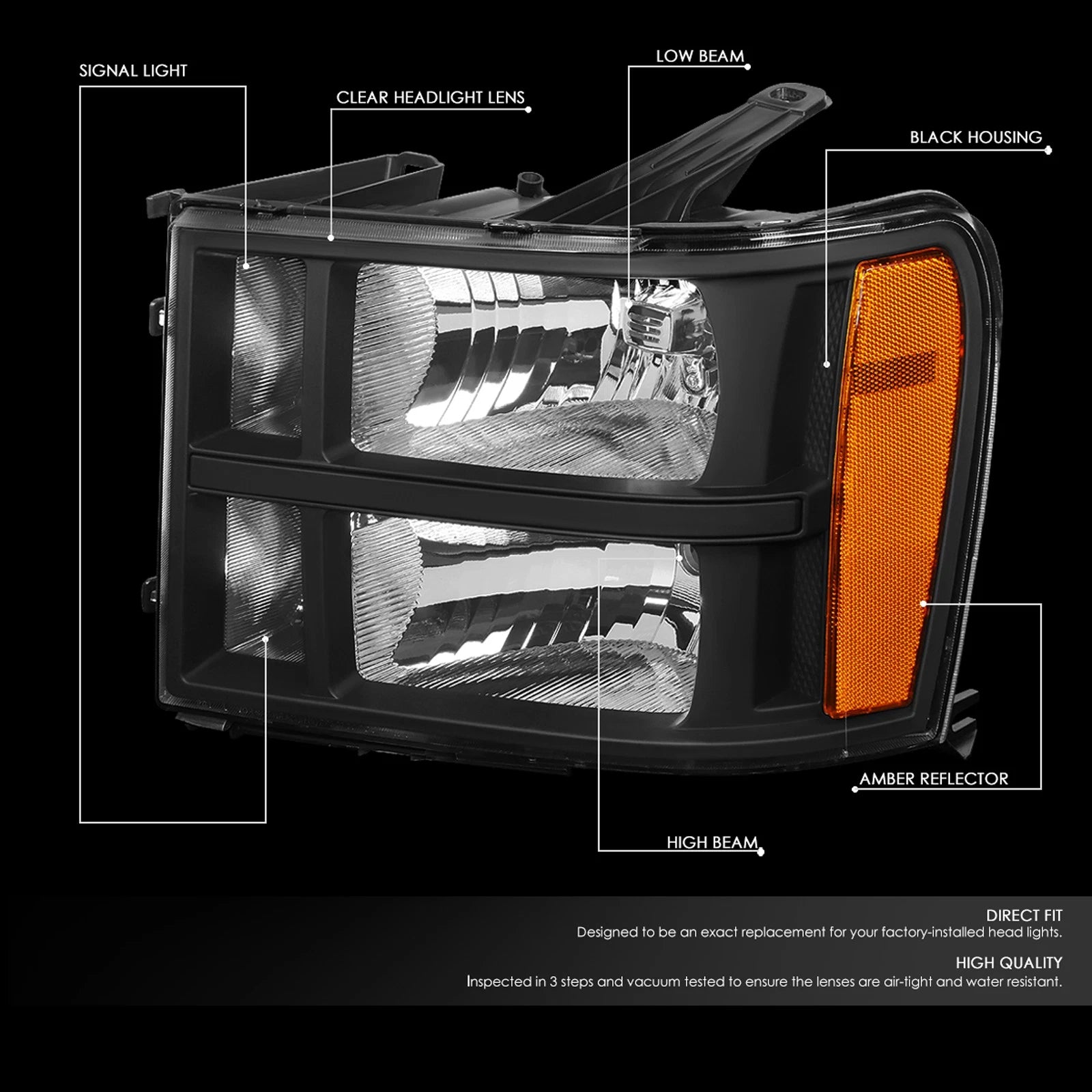Factory Style Headlight Lamps for GMC Sierra 1500 2500 3500 (2007–2014) Black/Amber