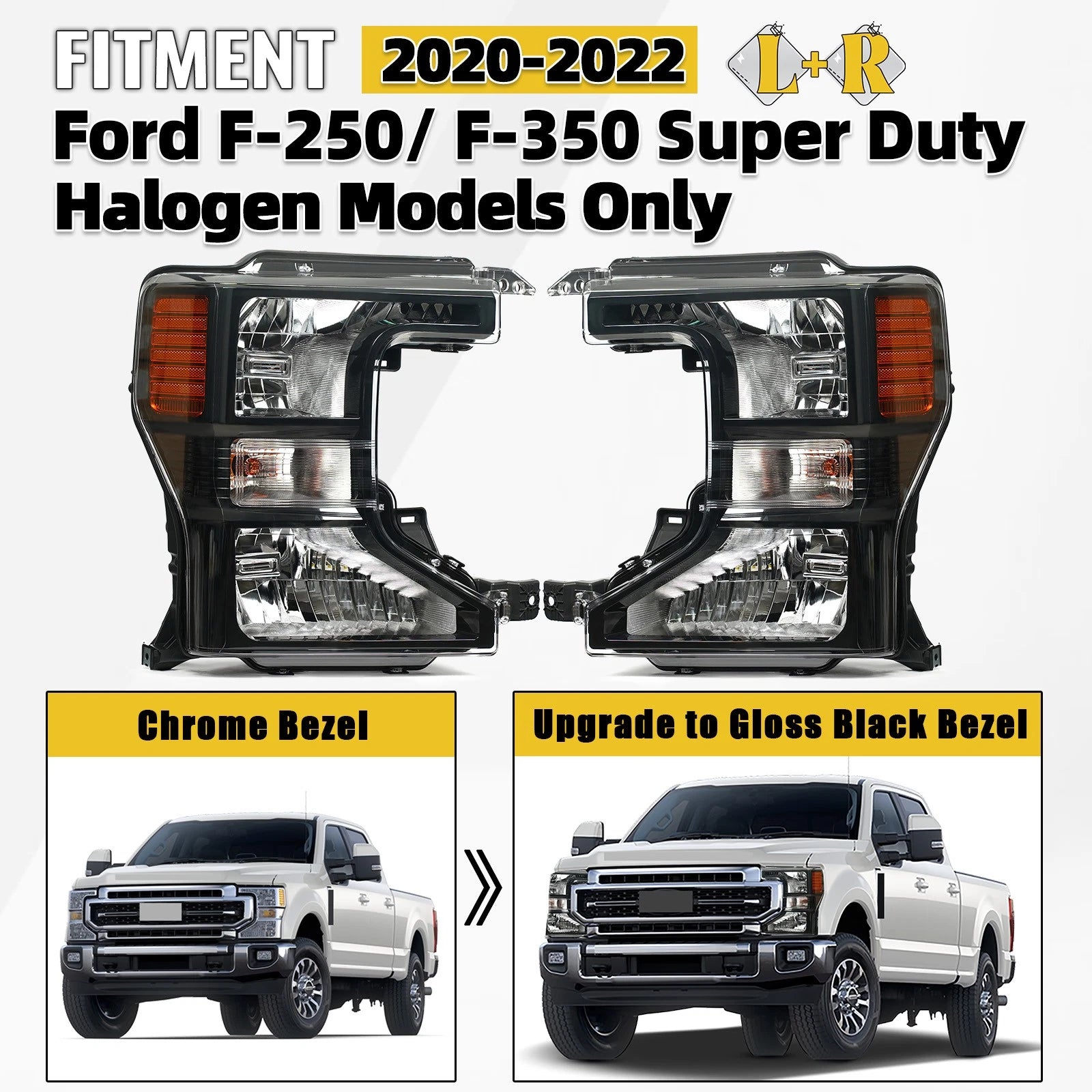 Halogen Headlights Pair for Ford F-250 Super Duty (2020–2022) Black Bezel