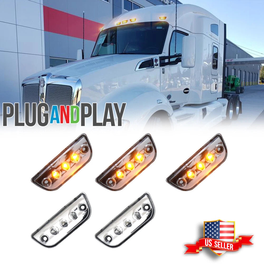 5pc Clear Lens Chrome Amber LED Roof Clearance Marker Lights for Kenworth T680 (2017–2023)